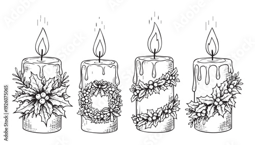 Hand drawn advent holiday candles with burning flames and festive winter foliage decorations perfect for seasonal greeting publications or traditional Christmas celebration branding.