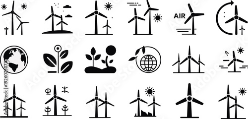 Renewable energy icons, wind turbines, eco symbols, sustainability vector, environmental clipart, green energy design, conservation illustration, nature graphic, eco-friendly set