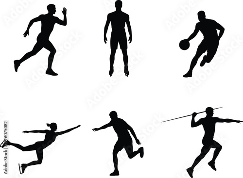 Sports Athlete Silhouettes Collection, Running, Basketball, Ice Skating, Javelin Throw, Action Poses, Black Vector Isolated on White Background