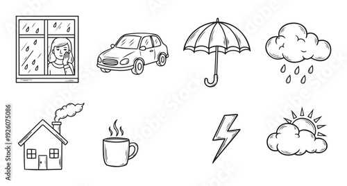 A collection of doodle style hand drawn weather condition icons and cozy home symbols perfect for educational resources, informational graphics, or simple visual representations.