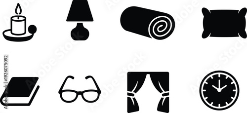 Household icons, candle silhouette, table lamp, rolled towel, pillow design, closed book, eyeglasses, window curtains, clock symbol, bedroom items, personal space