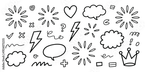 Sketch underline and highlight element collection featuring hand drawn arrows, brush strokes, speech bubbles and sparkle accents in vector style.