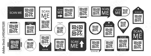 Scan me Frame. Quick mobile payment with barcode or QR code. Click icon and CTA button in modern Frame for your app or shop now. Minimalist Vector illustration.