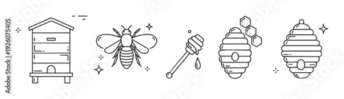 Modern outline icons for honey and beekeeping featuring various beehives, a flying bee, and a honey dipper, perfect for food industry packaging, organic product labels, or educational