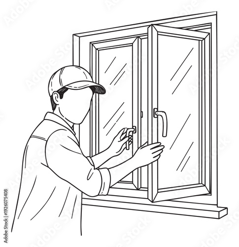 Service technician or homeowner adjusting a modern doubleglazed window, perfect for showing home maintenance, repair services, or energy efficiency concepts for residential living