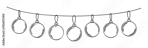 A simple linear hand drawn outline of eight festive Christmas ball ornaments hanging on a string or garland for holiday season celebrations and winter event decorations