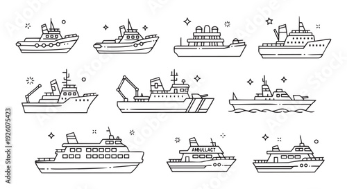 Collection of outlined sea vessels and ships suitable for maritime industry infographics, travel agency promotions, or water transportation symbols