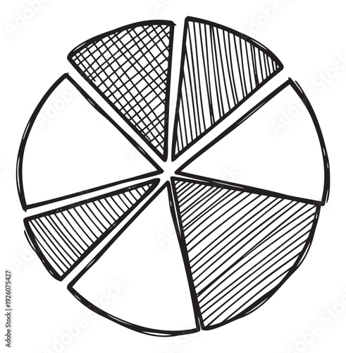 Versatile handdrawn pie chart with eight segments and varied hatching ideal for illustrating data analysis, statistical breakdowns, or concept division in educational and business