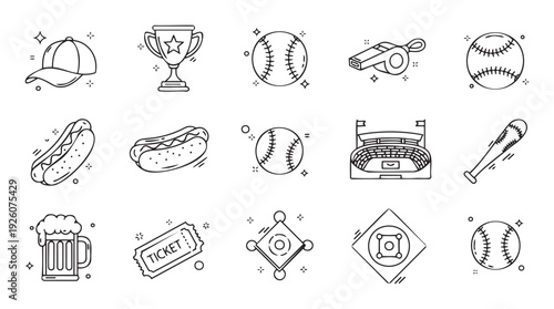A comprehensive collection of baseball themed line icons featuring sports equipment, stadium elements, and fan favorites, ideal for digital media projects and marketing campaigns.