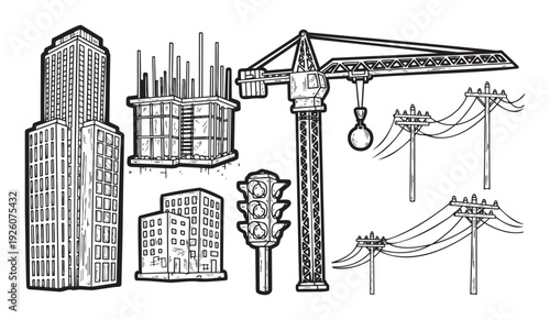 Urban development and infrastructure elements featuring city buildings, a tower crane, a construction site, power poles, and a traffic light for architectural and civil engineering projects.