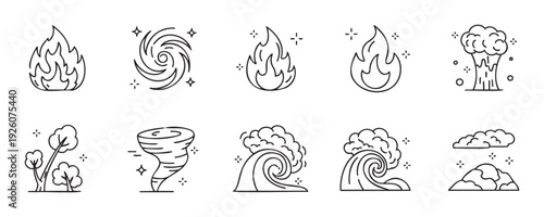 Simple line icons of diverse natural phenomena and environmental hazards including fire, hurricane, tornado, tsunami, volcano, and storms for user interface and educational applications.