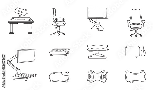 Collection of ergonomic office accessories and furniture line drawings for promoting healthy work environments and modern workspace setup guides