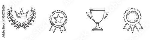 High quality line icons for triumph and success, featuring a laurel wreath, royal crown, star award badge, classic trophy premium rosette for winner achievement concepts.