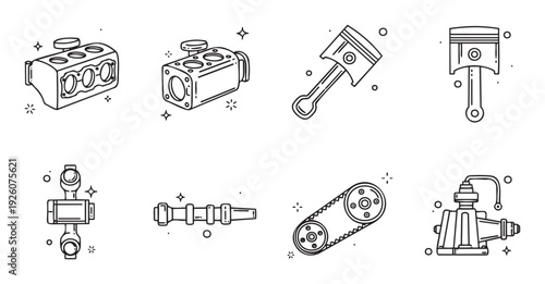 Essential automotive engine parts line icons perfect for vehicle repair service advertisements, educational diagrams, and mechanic workshop branding materials