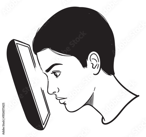 A focused young individual intently gazes at a mobile device screen, portraying deep concentration or potential eye strain, perfect for tech education or digital wellness promotions.