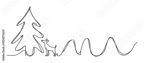 A festive one continuous line drawing featuring a minimalist Christmas tree and a playful dog, ideal for holiday greetings, winter events, or seasonal decorations and invitations