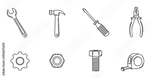 Essential workshop and home improvement tools including a wrench, hammer, screwdriver, pliers, gear, nut, bolt, and measuring tape for industrial or DIY projects