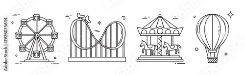 Line vector icons of popular amusement park attractions including a ferris wheel roller coaster carousel and hot air balloon for entertainment themes and vacation adventure tourism