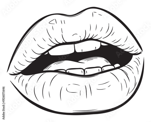 Stylized line drawing of an open mouth with full lips showing teeth and tongue suitable for expressive visual branding or youthful visual communication.