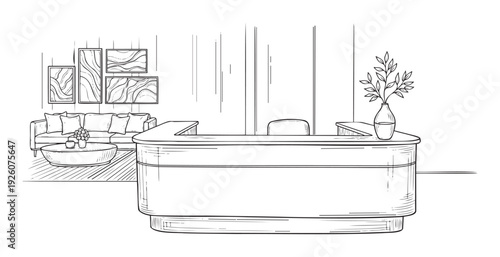 Detailed line drawing of a contemporary hotel lobby or office reception area featuring a stylish desk, a comfortable sofa, and abstract wall decor, perfect for architectural visualization