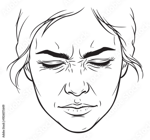 Black and white sketch of a womans face contorted in an expression of disgust, intense sourness, or a painful reaction, perfect for medical, psychological, or lifestyle communication