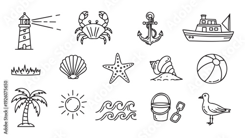 Charming collection of essential seaside and beach themed icons featuring a lighthouse, boat, crab, anchor, starfish, seashell, palm tree, sun, and sand toys, ideal for summer vacation