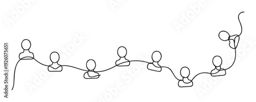 A continuous flowing single line forms a series of connected human profile icons, symbolizing seamless communication, strong teamwork, and effective social networking for various corporate