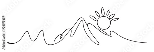 Continuous line drawing of a serene mountain landscape with a radiant sun, perfect for modern graphic projects, outdoor adventure branding, and natureinspired commercial uses.