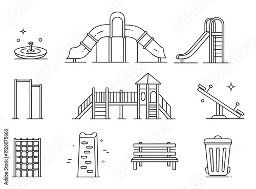 A collection of simple outline playground equipment and park amenity icons including slides, seesaw, climbing structures, and benches, ideal for illustrating outdoor recreation and