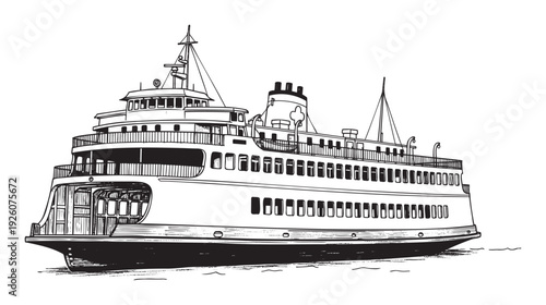 A classic style ferry boat depicted in a detailed black and white drawing suitable for maritime themed projects, educational content about transportation, or nostalgic travel publications.