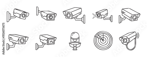 A collection of line icons depicting various security cameras and surveillance equipment, suitable for illustrating safety systems, property monitoring, or protection services for