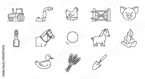 Outline icons depicting farming elements such as livestock crops vehicles and tools suitable for agricultural business web graphics and educational materials
