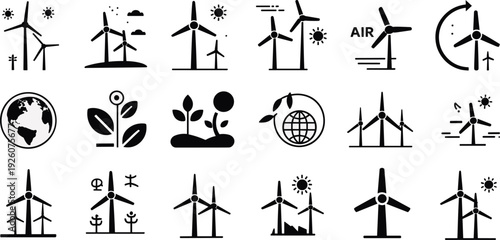 Renewable energy icons, wind turbines, eco symbols, sustainability vector, environmental clipart, green energy design, conservation illustration, nature graphic, eco-friendly set
