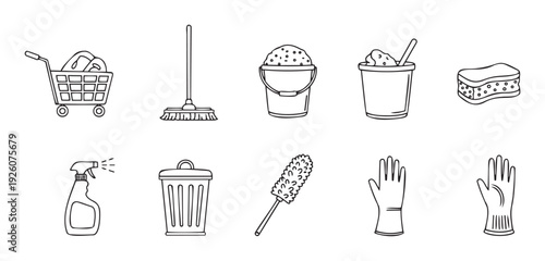 Outline collection of household supplies and essential equipment for daily tidying and maintenance tasks, featuring a mop, buckets, sponge, spray bottle, duster, and gloves for home upkeep.