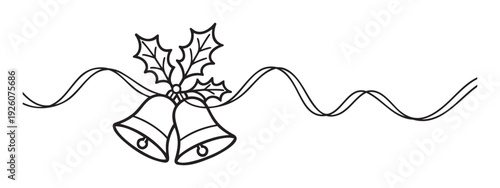 Elegant continuous line drawing of festive Christmas bells adorned with holly leaves perfect for holiday greeting cards seasonal decorations or winter celebration announcements