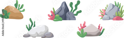 Rock formations, aquatic plants, decorative stones, coral vector, underwater clipart, nature design, colorful illustration, landscape symbol, environment graphic, artistic decoration
