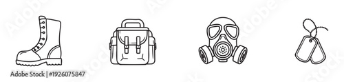 A set of essential military and survival gear icons featuring a rugged combat boot, a functional backpack, a protective gas mask, and identifying dog tags, useful for various themed