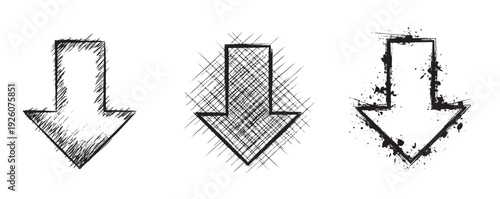 Vector set of downward arrows featuring distinct grunge, sketchy, and crosshatch textures, perfect for digital interfaces, graphic symbols, or artistic overlays to indicate direction