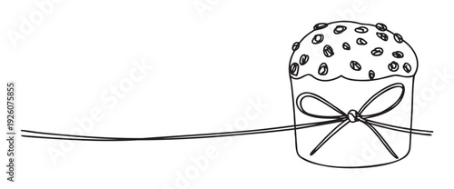 Simple line drawing of a festive Easter cake decorated with sweet icing and sprinkles, tied with a long ribbon, perfect for holiday greetings and seasonal food promotions.