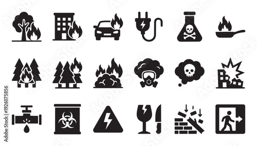 Black silhouette safety and hazard warning icon set depicting various dangers like fire, explosion, toxic substances, electrical risks, biohazards, and emergency exits for safety
