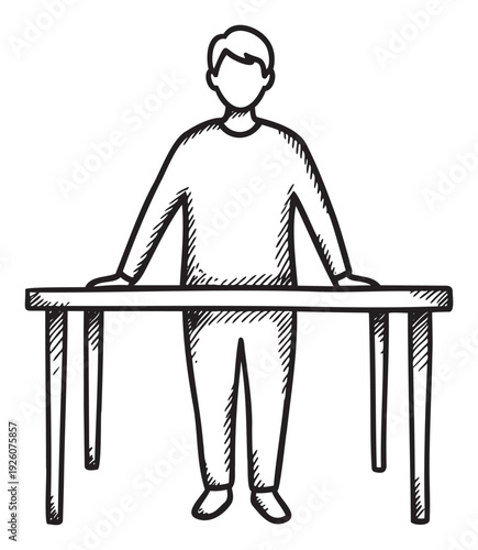 Generic standing individual with hands resting on a sturdy table, useful for depicting work, presentation, or interaction scenarios in various business and educational contexts.