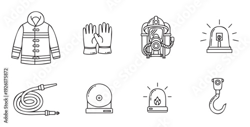 Collection of essential firefighting and emergency safety equipment line icons perfect for illustrating fire department services, public safety information, or instructional applications