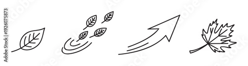 Simple leaf and dynamic wind blown leaves with an ascending arrow and a detailed maple leaf outline icon set, perfect for eco friendly brand logos, environmental initiatives, and nature