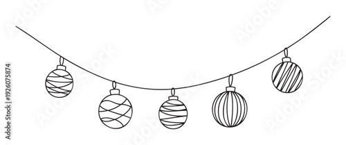 Festive holiday garland featuring a simple black outline drawing of various patterned Christmas ornaments hanging on a string, ideal for seasonal celebrations and winter event decorations.