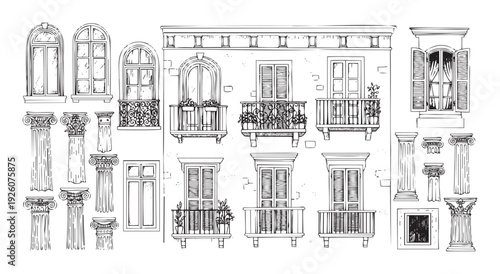Architectural sketch set showcasing various building components including elegant windows, ornate balconies, and classic columns perfect for graphic design and architectural visualization
