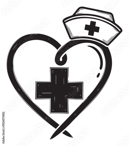 Stylized graphic of a heart entwined with a nurses cap and medical cross signifying compassion and service for hospitals brochures and nursing school announcements