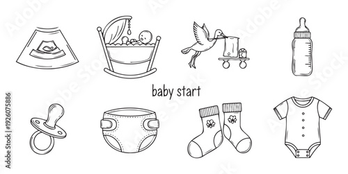 A comprehensive collection of baby and pregnancy essential items depicted in a simple line drawing style perfect for maternity clinic brochures nursery decor and baby product packaging