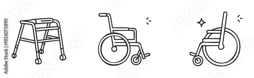 Set of outline icons illustrating crucial medical mobility assistive devices, including a rolling walker and diverse wheelchairs, ideal for healthcare websites, senior support materials,