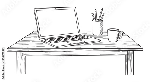 Modern workspace setup with an open laptop, a cup of pencils, and a hot beverage mug on a textured wooden desk, ideal for showcasing productive home office and remote study scenes.