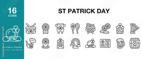 St Patrick Day icon set. Includes patrick, irish, ireland, shamrock, clover, green and More. Editable Stroke Icon Collection.